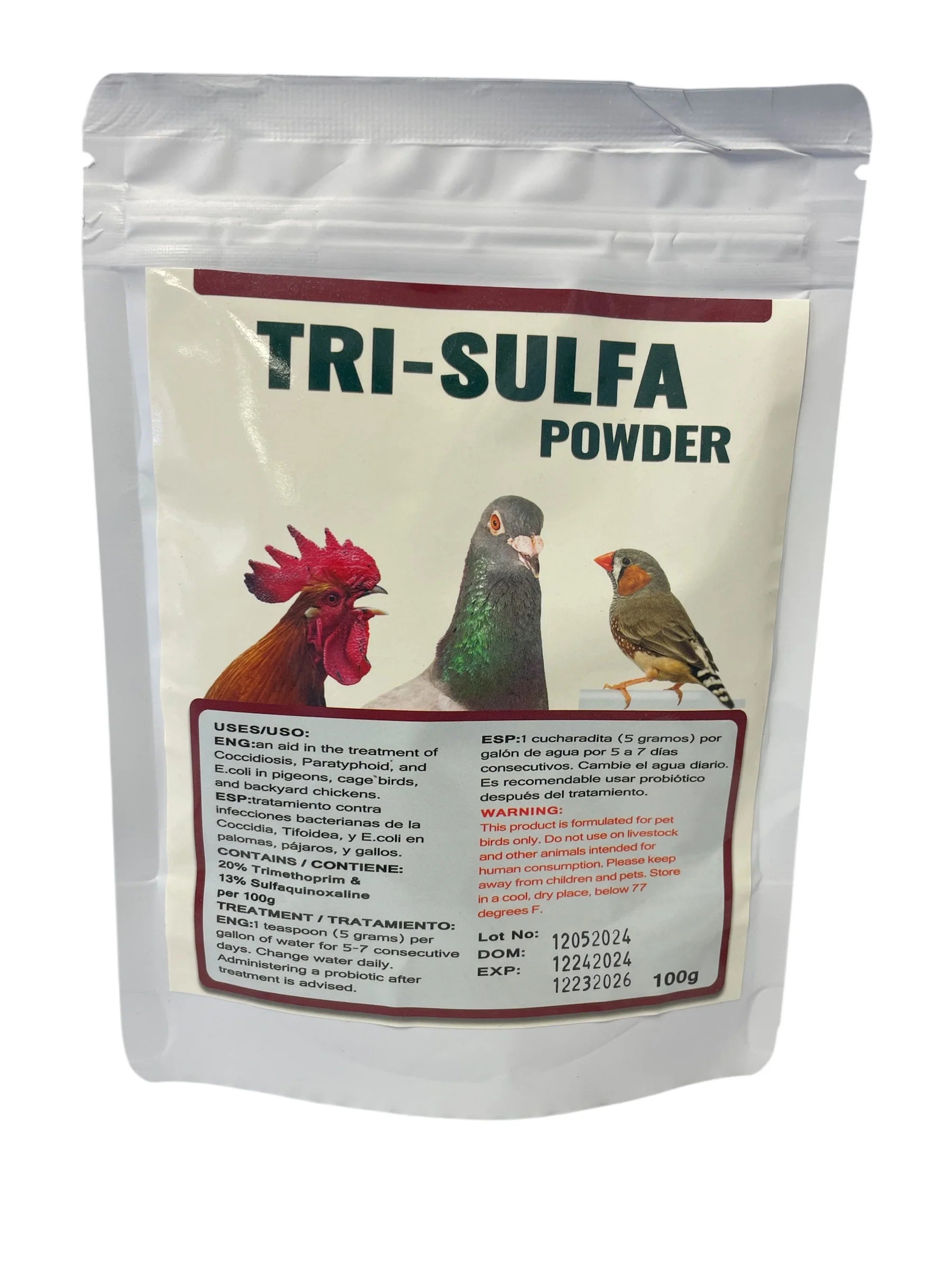 Tri-Sulfa Powder 100g – Antibiótico para Palomas | Tratamiento para Coccidiosis, E. coli y Paratifoidea